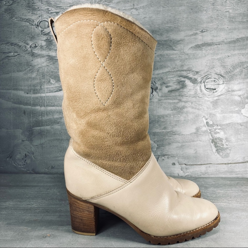 Vintage 1970’s Era Leather Suede Shearling Chunky Heel Boots Size 8